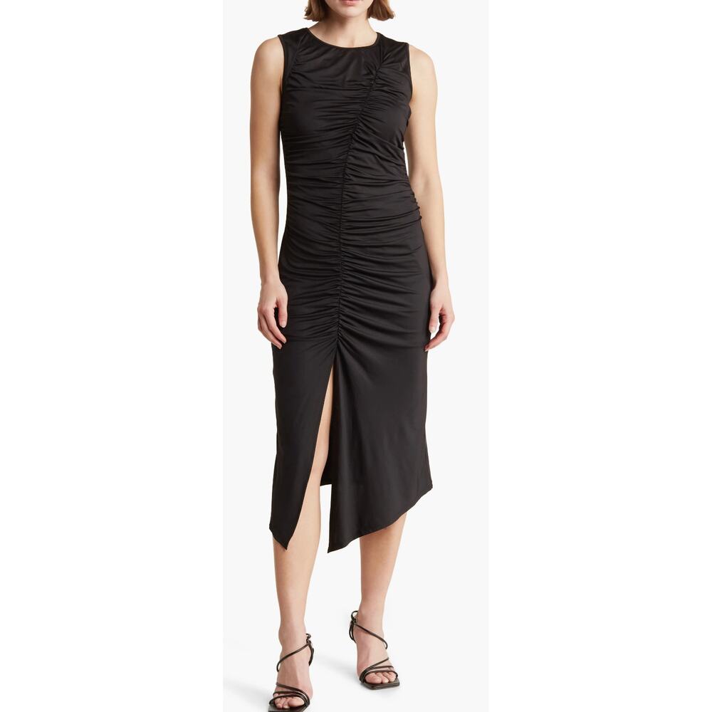 Collective Concepts Dress Size S Black Ruched Sleeveless Stretchy Bodycon Midi